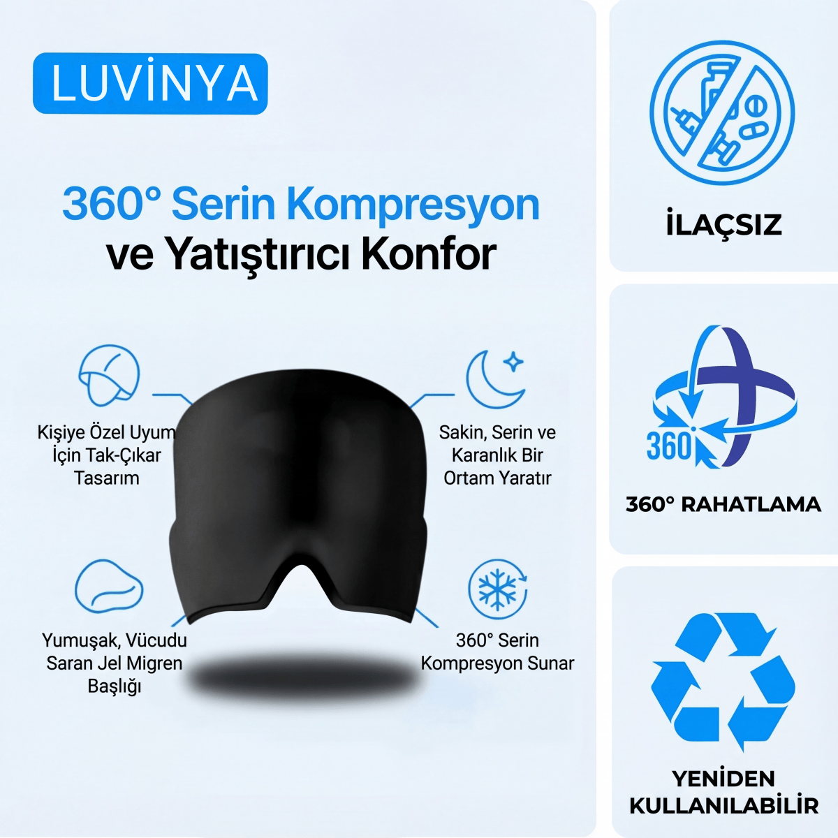 Migren & Baş Ağrısı Rahatlama Başlığı | Soğuk - Sıcak Terapi | 360° Jel Kompresyon - Luvinya™